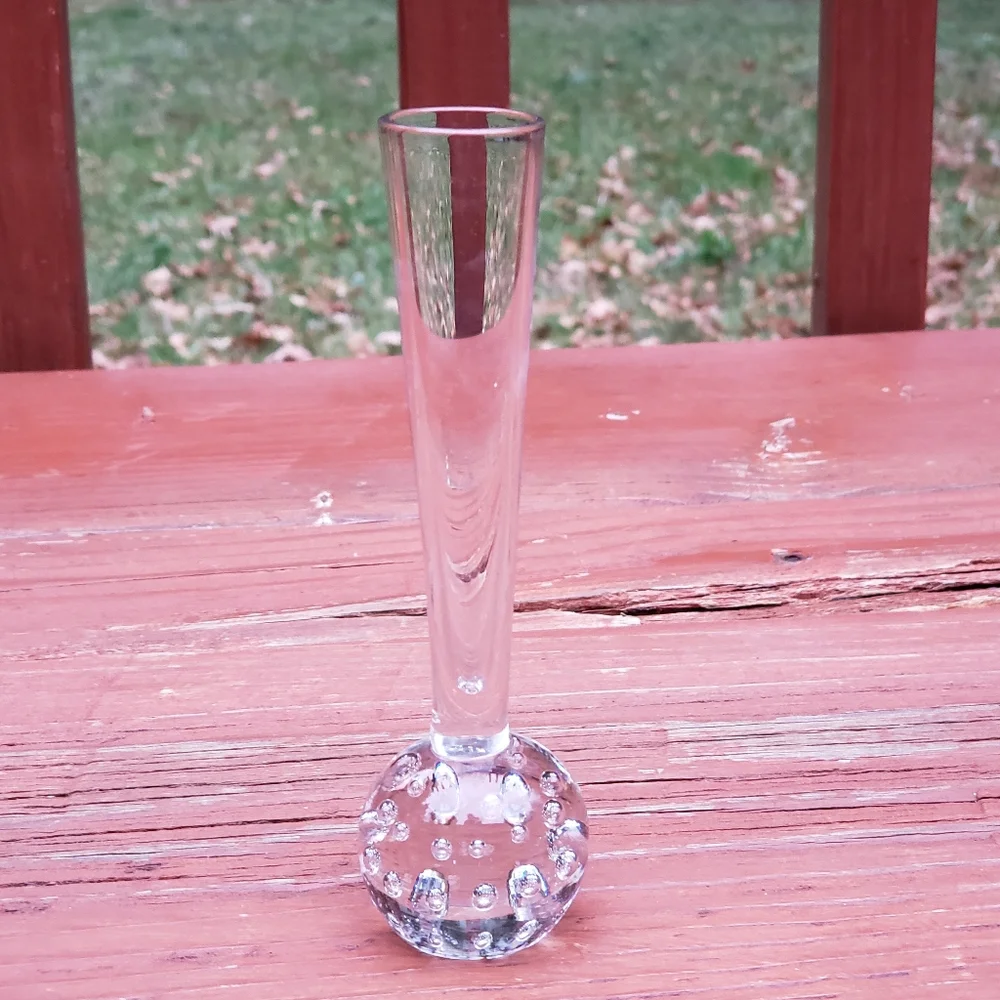 VTG SMALL Clear Glass Bud or Flower Vase W/ Bubble Filled Ball Base - 5.5